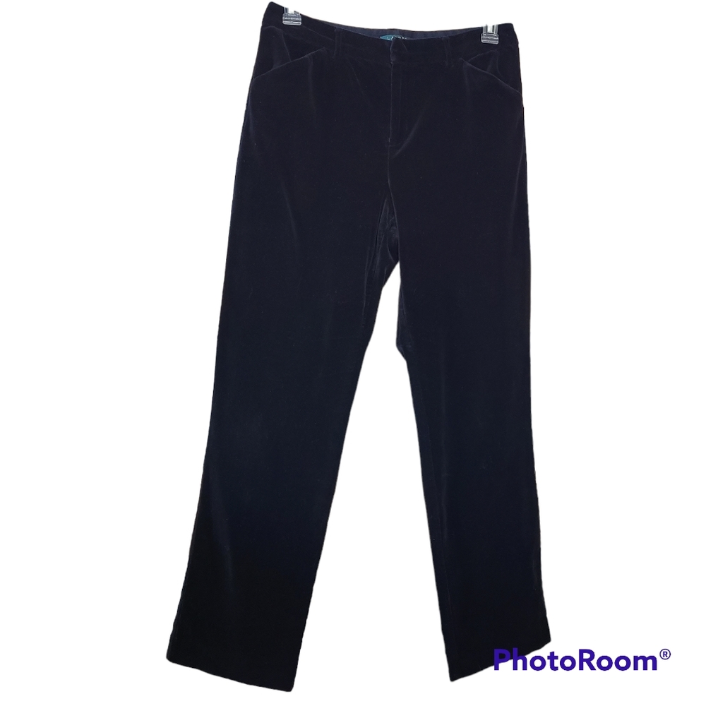 Lauren Ralph Lauren Size 10 Black Velvet High-Rise Straight Leg Pants Preppy
